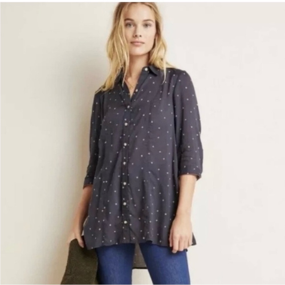 Maeve Anthropologie Monika Polka Dot Tunic Top Button Up Shirt